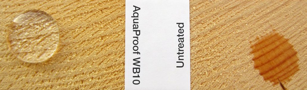 Piece of wood where one side is treated with AquaProof WB10, and the other is is left untreated. A bead of water is shown on the AquaProof WB10 coated side, while a water stain is shown on the side left untreated.